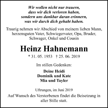 Traueranzeige von Heinz Hahnemann von Super Sonntag SGH Mansf. Land