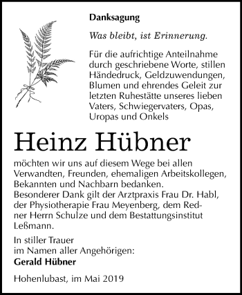Traueranzeige von Heinz Hübner von Mitteldeutsche Zeitung