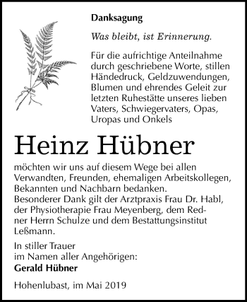 Traueranzeige von Heinz Hübner von WVG - Wochenspiegel Wittenberg