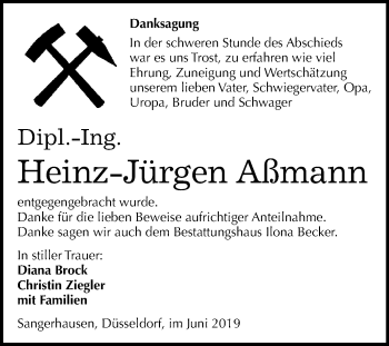 Traueranzeige von Heinz-Jürgen Aßmann von Mitteldeutsche Zeitung Sangerhausen