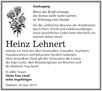 Traueranzeige von Heinz Lehnert von Mitteldeutsche Zeitung Mansfelder Land