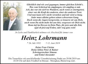 Traueranzeige von Heinz Lohmann von WVG - Wochenspiegel Dessau / Köthen