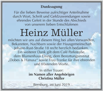 Traueranzeige von Heinz Müller von Super Sonntag Bernburg