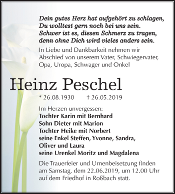 Traueranzeige von Heinz Peschel von Mitteldeutsche Zeitung Merseburg/Querfurt