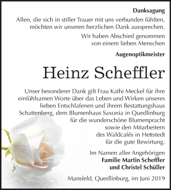 Traueranzeige von Heinz Scheffler von Mitteldeutsche Zeitung Quedlinburg