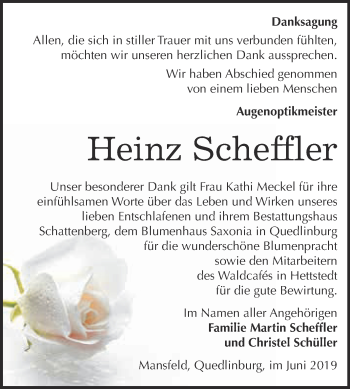 Traueranzeige von Heinz Scheffler von Super Sonntag Quedlinburg