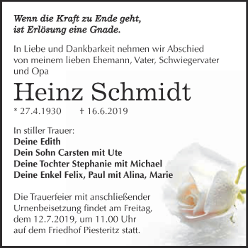 Traueranzeige von Heinz Schmidt von Super Sonntag Wittenberg