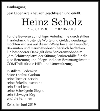 Traueranzeige von Heinz Scholz von WVG - Wochenspiegel NMB / WSF / ZTZ