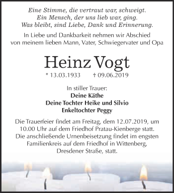 Traueranzeige von Heinz Vogt von WVG - Wochenspiegel Wittenberg
