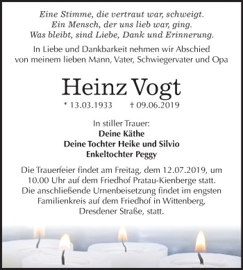 Traueranzeige von Heinz Vogt von Mitteldeutsche Zeitung
