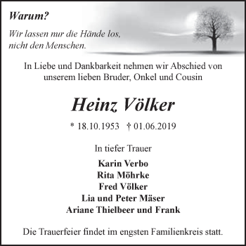 Traueranzeige von Heinz Völker von Super Sonntag Wittenberg