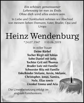 Traueranzeige von Heinz Wendenburg von Mitteldeutsche Zeitung Bitterfeld
