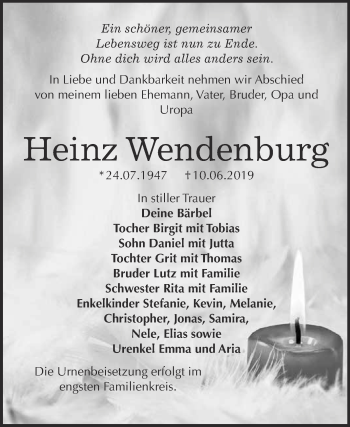Traueranzeige von Heinz Wendenburg von WVG - Wochenspiegel Bitterfeld