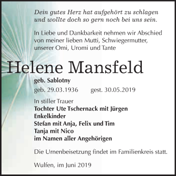 Traueranzeige von Helene Mansfeld von WVG - Wochenspiegel Dessau / Köthen