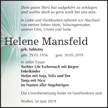 Traueranzeige von Helene Mansfeld von Mitteldeutsche Zeitung Köthen