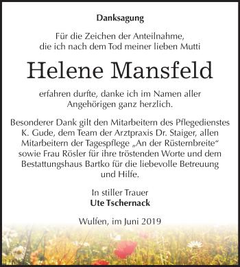 Traueranzeige von Helene Mansfeld von Mitteldeutsche Zeitung Köthen