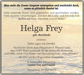 Traueranzeige von Helga Frey von WVG - Wochenspiegel Merseburg