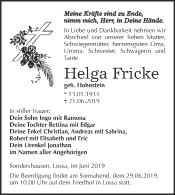 Traueranzeige von Helga Fricke von WVG - Wochenspiegel NMB / WSF / ZTZ
