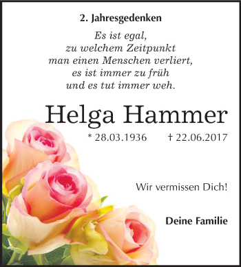 Traueranzeige von Helga Hammer von Mitteldeutsche Zeitung Halle/Saalkreis