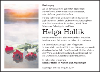 Traueranzeige von Helga Hollik von Super Sonntag SGH Mansf. Land