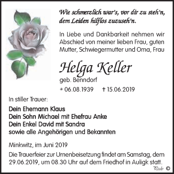 Traueranzeige von Helga Keller von WVG - Wochenspiegel NMB / WSF / ZTZ