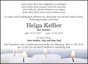 Traueranzeige von Helga Keßler von Mitteldeutsche Zeitung Bernburg