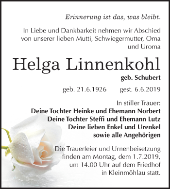 Traueranzeige von Helga Linnenkohl von Mitteldeutsche Zeitung