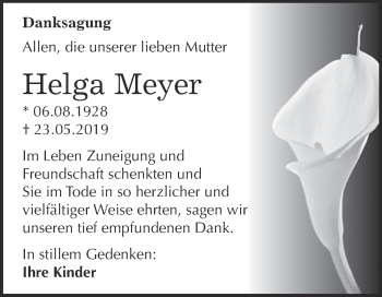 Traueranzeige von Helga Meyer von WVG - Wochenspiegel Bitterfeld