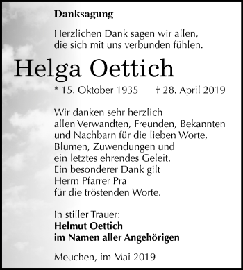Traueranzeige von Helga Oettich von Mitteldeutsche Zeitung Weißenfels