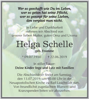 Traueranzeige von Helga Schelle von WVG - Wochenspiegel Merseburg