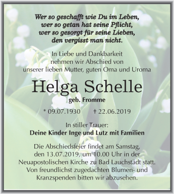 Traueranzeige von Helga Schelle von Mitteldeutsche Zeitung Merseburg/Querfurt
