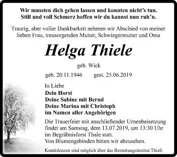 Traueranzeige von Helga Thiele von Mitteldeutsche Zeitung Quedlinburg