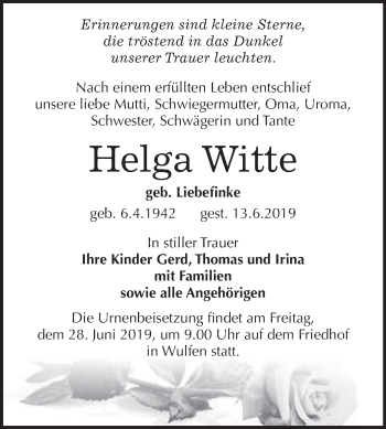 Traueranzeige von Helga Witte von WVG - Wochenspiegel Dessau / Köthen