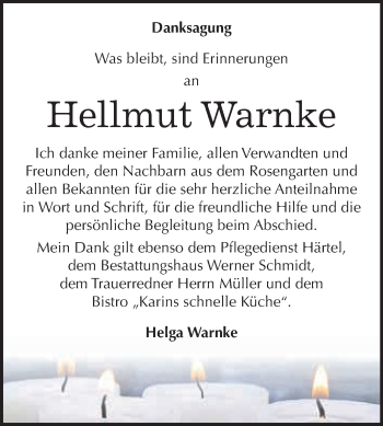 Traueranzeige von Hellmut Warnke von WVG - Wochenspiegel Quedlinburg