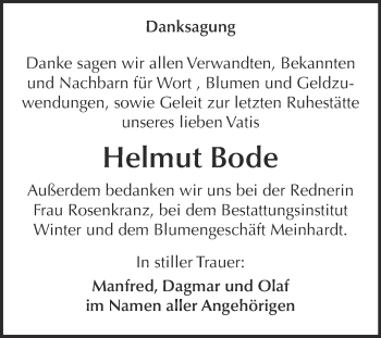 Traueranzeige von Helmut Bode von WVG - Wochenspiegel Bitterfeld