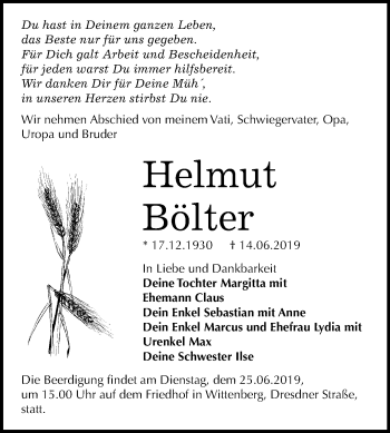 Traueranzeige von Helmut Bölter von Mitteldeutsche Zeitung