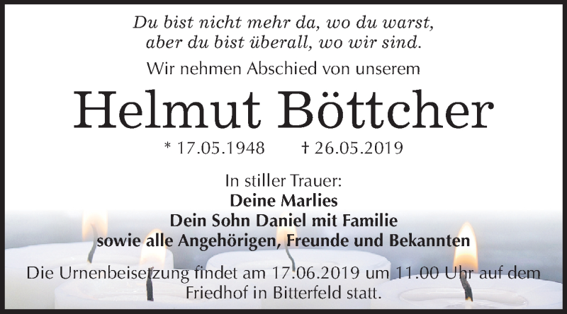  Traueranzeige für Helmut Böttcher vom 08.06.2019 aus Mitteldeutsche Zeitung Bitterfeld