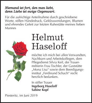 Traueranzeige von Helmut Haseloff von Mitteldeutsche Zeitung