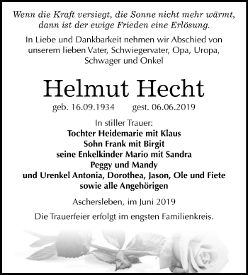 Traueranzeige von Helmut Hecht von Mitteldeutsche Zeitung Aschersleben