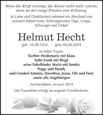 Traueranzeige von Helmut Hecht von Super Sonntag Aschersleben