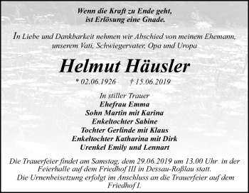 Traueranzeige von Helmut Häusler von Mitteldeutsche Zeitung