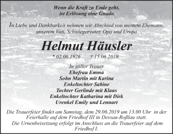 Traueranzeige von Helmut Häusler von WVG - Wochenspiegel Dessau / Köthen