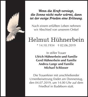 Traueranzeige von Helmut Hühnerbein von WVG - Wochenspiegel Quedlinburg