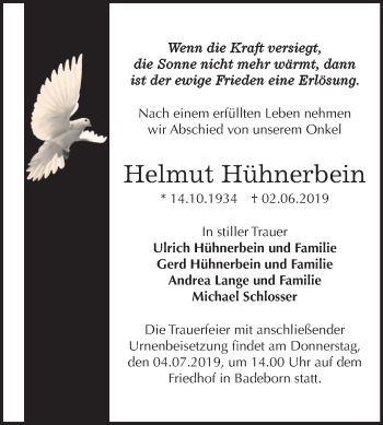 Traueranzeige von Helmut Hühnerbein von Mitteldeutsche Zeitung