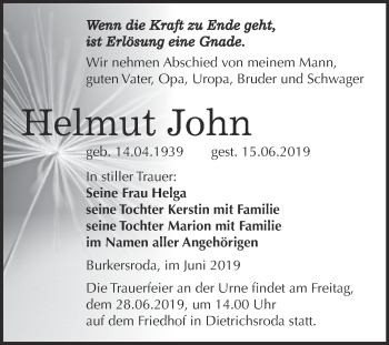Traueranzeige von Helmut John von WVG - Wochenspiegel NMB / WSF / ZTZ