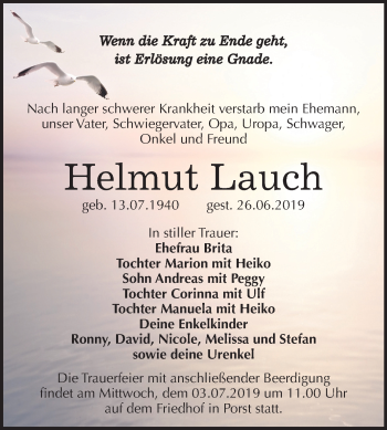 Traueranzeige von Helmut Lauch von Mitteldeutsche Zeitung Köthen