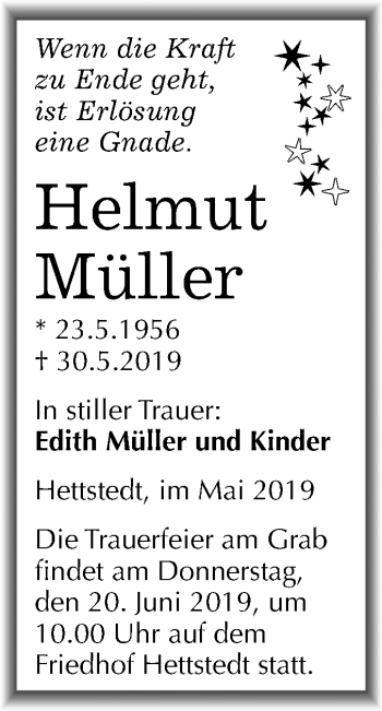 Traueranzeige von Helmut Müller von Mitteldeutsche Zeitung Mansfelder Land