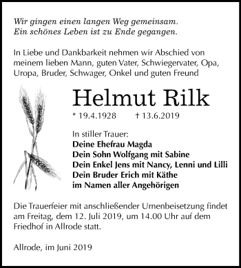 Traueranzeige von Helmut Rilk von Mitteldeutsche Zeitung Quedlinburg