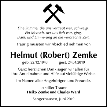 Traueranzeige von Helmut Robert Zemke von Super Sonntag SGH Mansf. Land