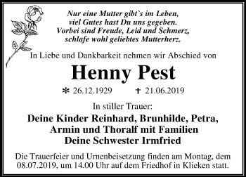 Traueranzeige von Henny Pest von Mitteldeutsche Zeitung